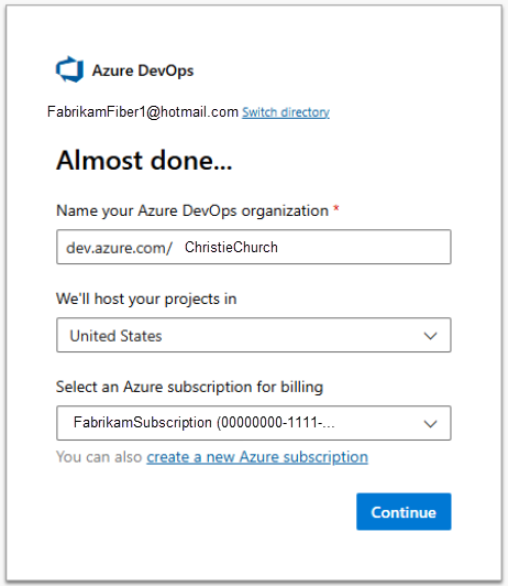 Captura de tela mostra a janela pop-up de criação da organização com menu suspenso para selecionar a assinatura do Azure.
