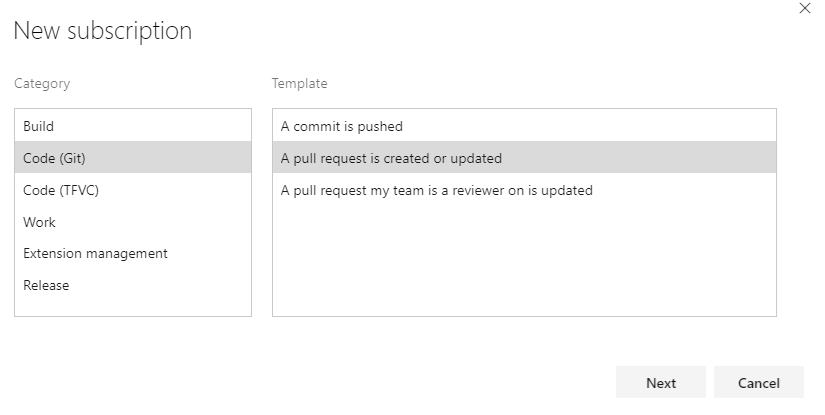 Screenshot que mostra como selecionar a categoria de evento e o modelo em versões anteriores do Azure DevOps.