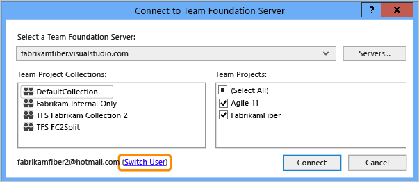 Screenshot of the Connect to Team Foundation Server dialog box.