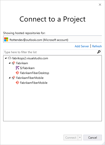 Screenshot of Connect to Project dialog box.