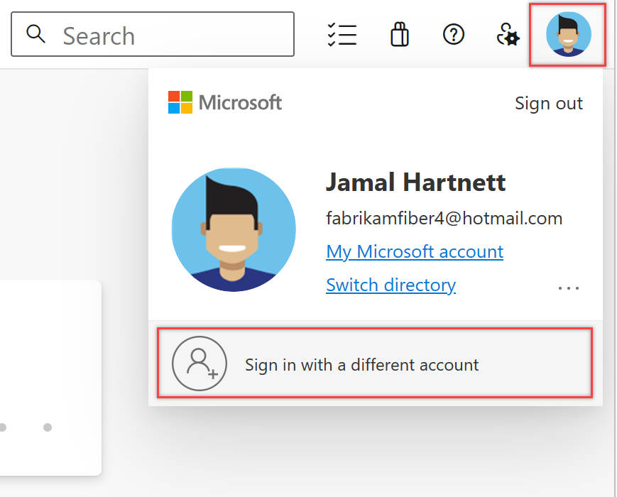 Screenshot of Sign in with a different account button selected.