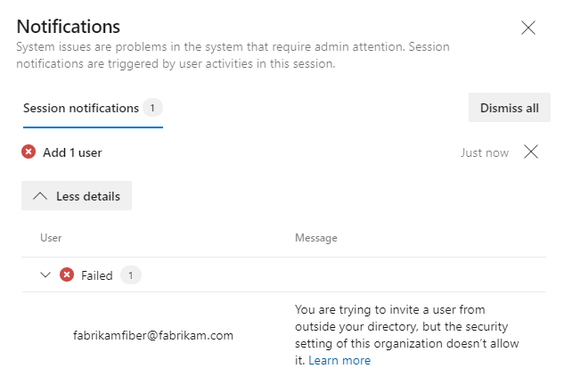 Captura de tela da caixa de diálogo Notificação mostrando detalhes sobre por que a operação falhou.
