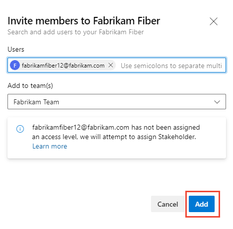 Captura de tela da caixa de diálogo Convidar membros para um projeto, usuário desconhecido, selecionando equipes a serem adicionadas.