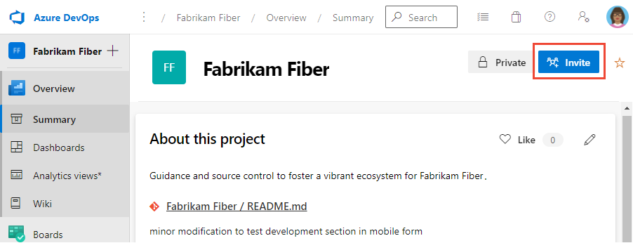 Captura de tela da página Resumo do projeto mostrando a ação Convidar realçada.