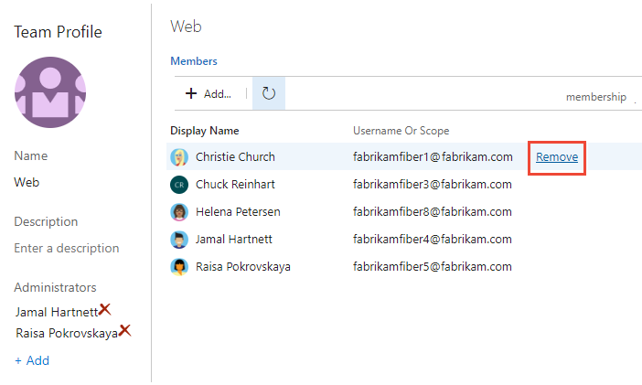 Captura de tela da página Perfil da equipe com a opção Remover realçada para um membro da equipe.