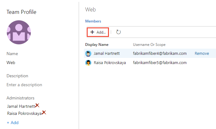 Captura de tela da caixa de diálogo Perfil da Equipe com a opção Adicionar realçada.