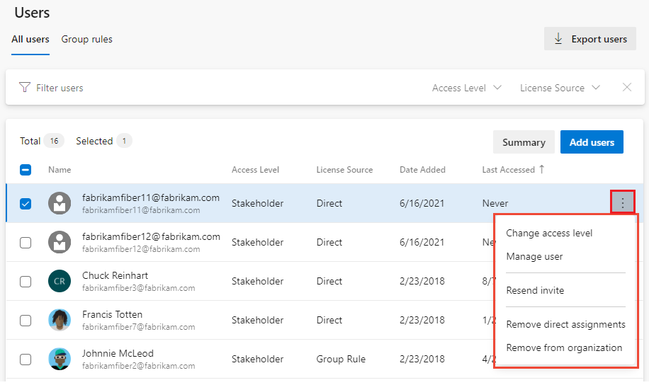 Captura de tela das opções para gerenciar usuários no menu Mais ações.