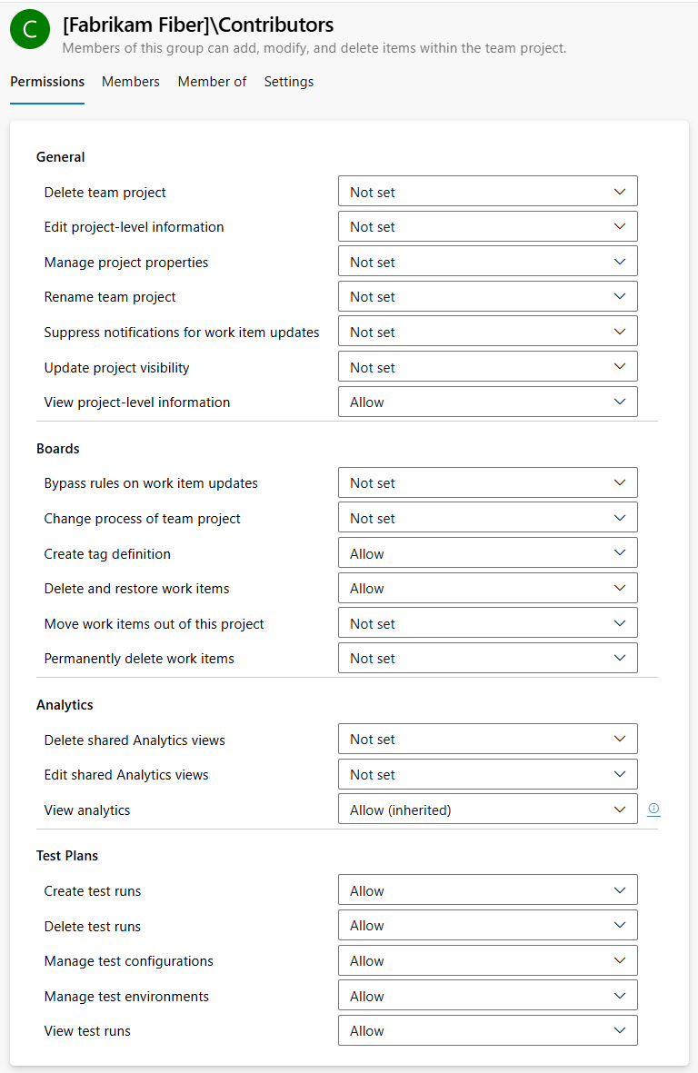 Captura de tela da caixa de diálogo Permissões no nível do projeto, página de visualização dos Serviços de DevOps do Azure.