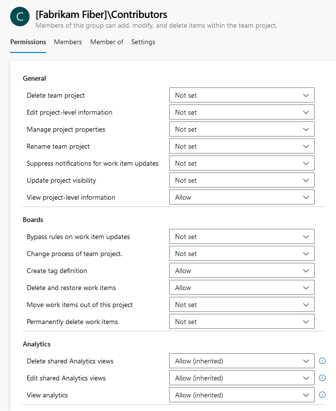 Captura de tela da caixa de diálogo de permissões no nível do projeto, página de visualização do Azure DevOps Services.