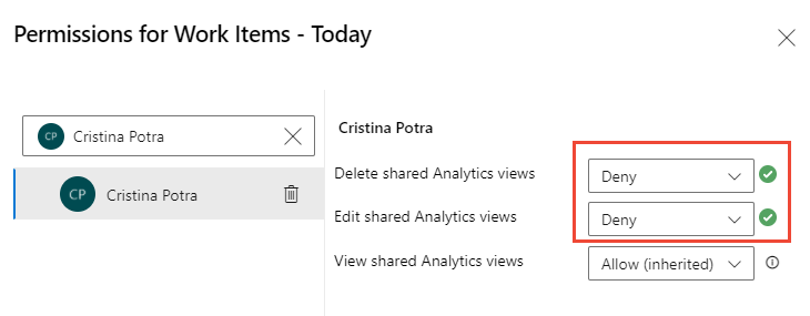 Captura de ecrã da caixa de diálogo de segurança Vista do Shared Analytics, alterar permissões para um utilizador.