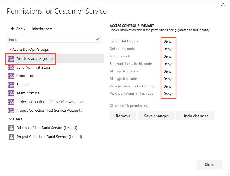 Captura de tela do nó Caminho de Área Segurança, grupo selecionado e configuração de permissões Negar, Azure DevOps Server 2022 e versões anteriores. 