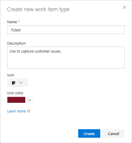 Captura de tela mostrando a caixa de diálogo Criar novo tipo de item de trabalho.
