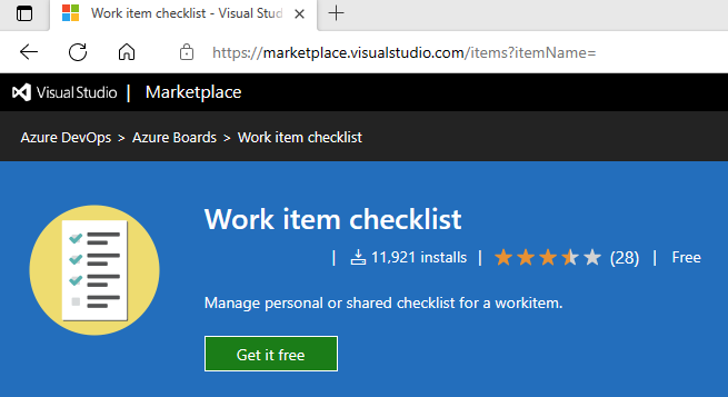 Captura de tela mostrando a extensão do Marketplace, Lista de verificação do item de trabalho.
