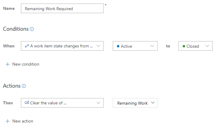 Captura de tela da regra personalizada para zerar o Trabalho Restante necessário quando o Estado é alterado para Fechado.