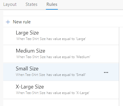 Captura de tela de quatro regras personalizadas para definir o valor do tamanho quando o tamanho da camiseta estiver definido.