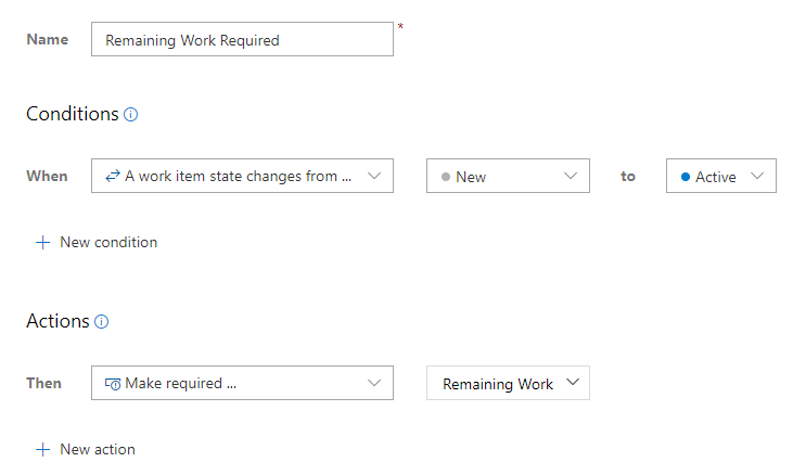 Captura de tela da regra personalizada para tornar o Trabalho Restante necessário quando o Estado for alterado para Ativo.