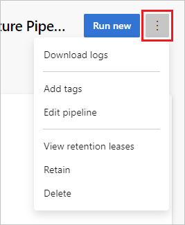 Captura de tela do menu mais ações da página de resumo de execução de pipeline.