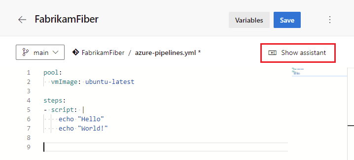 Mostrar assistente de solicitação para edição de pipelines YAML.