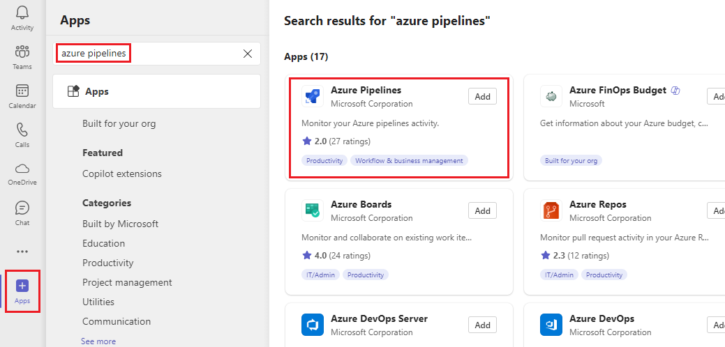 Captura de tela da seleção do botão Aplicativos e, em seguida, do botão Azure Pipelines.