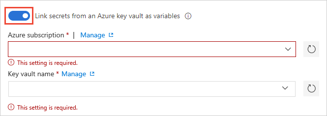 Captura de tela do grupo de variáveis com a integração do Azure Key Vault.