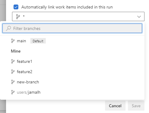 Captura de tela da configuração para vincular automaticamente os itens de trabalho incluídos nesta execução.