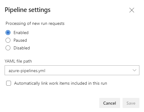 Captura de tela da página de configurações do pipeline.