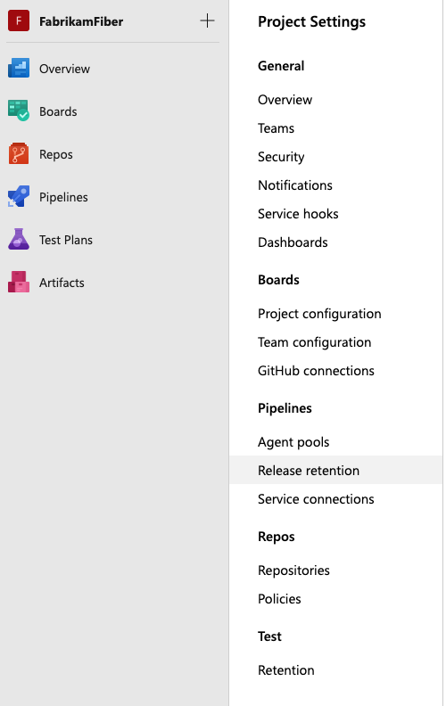 Captura de tela das configurações de retenção nas Configurações do projeto para DevOps 2019.