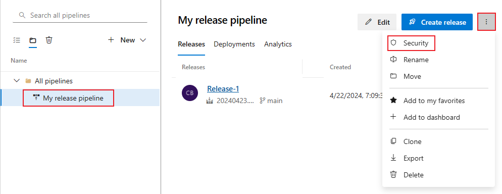 Captura de tela da caixa de diálogo de segurança do pipeline de versão no nível do objeto.