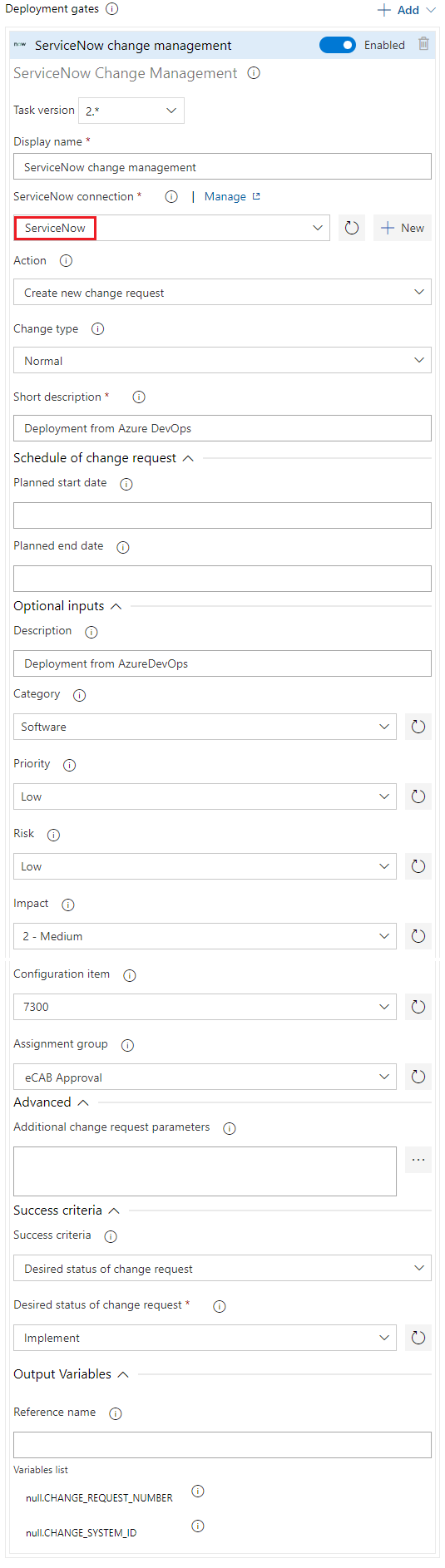 Captura de tela mostrando como configurar o gate do ServiceNow Change Management.