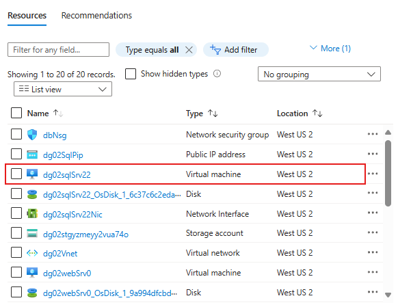 Captura de tela que mostra os recursos recém-criados no Azure.