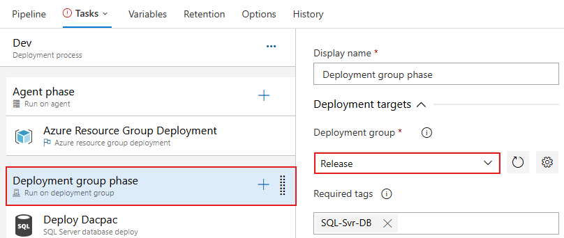Captura de tela que mostra como configurar um trabalho para a fase de grupo de implantação.