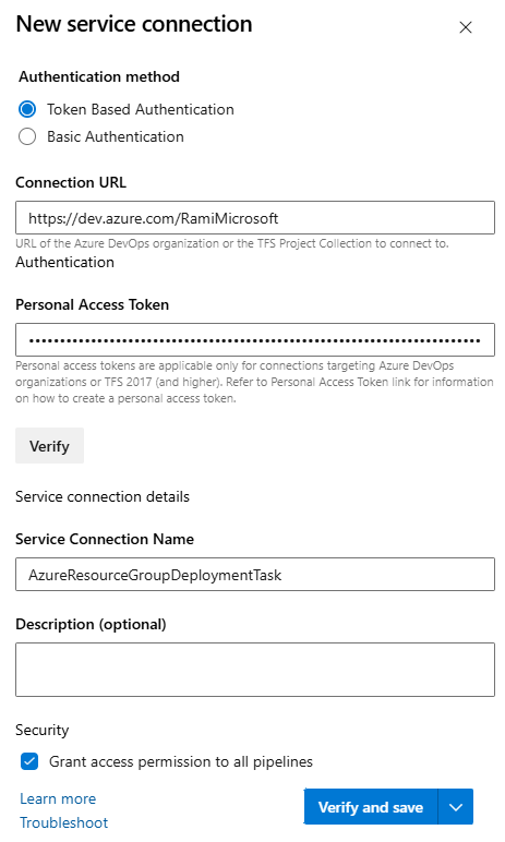 Captura de tela que mostra como configurar uma nova conexão de serviço para uma tarefa de implantação.