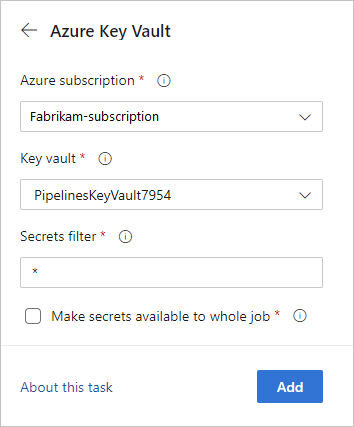 Uma captura de tela mostrando como configurar a tarefa do Azure Key Vault.