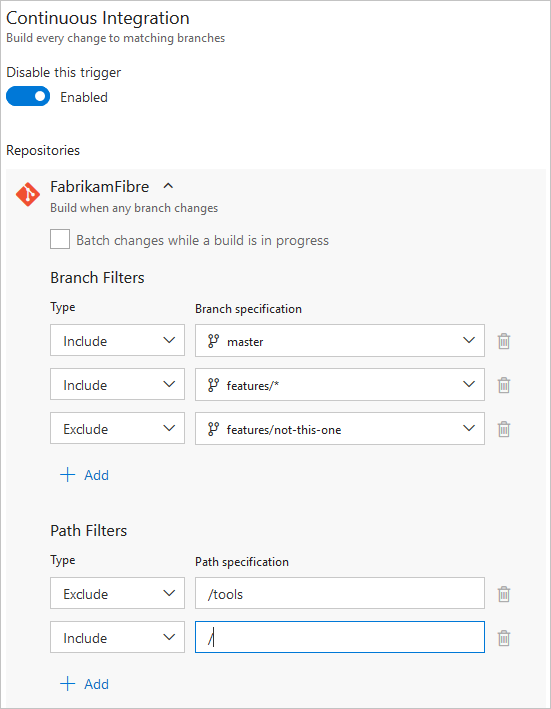 Configure os filtros de branch de gatilho da integração contínua.