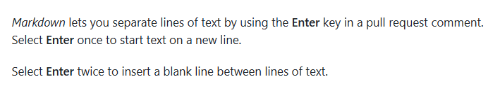 Captura de tela da visualização publicada da sintaxe Markdown para quebras de linha e parágrafo em um comentário de pull request.