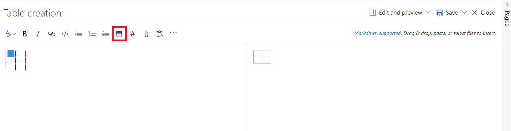 Inserir tabela Markdown.