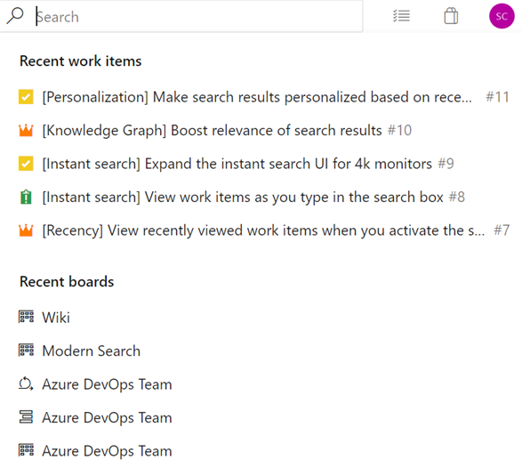 Navigate to recently viewed work items and board items from search.