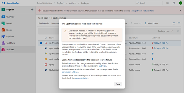 Exemplo mostrando que o feed de destino foi excluído.