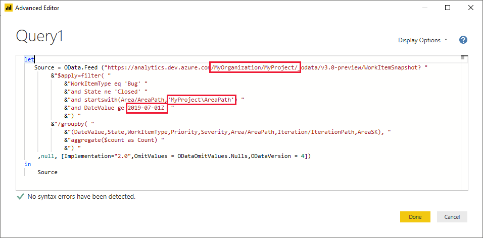 Captura de tela do Power BI, Editor Avançado, Cadeias de Caracteres Substituídas na Consulta.