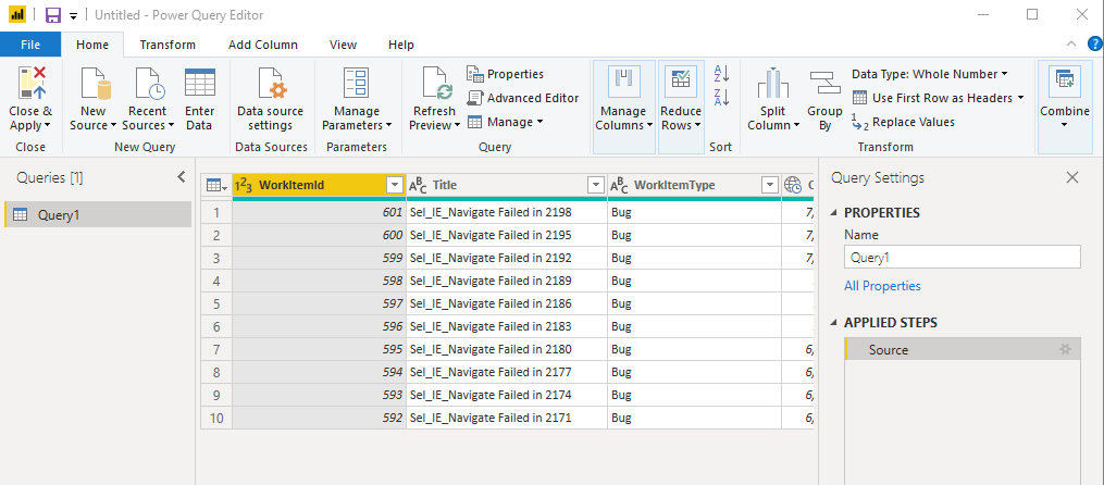 Captura de tela que mostra o Editor do Power Query aberto para o feed OData do Power BI.