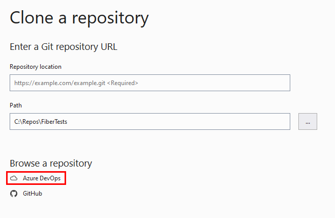 Captura de tela da janela ‘Clonar um Repositório’ no Visual Studio.