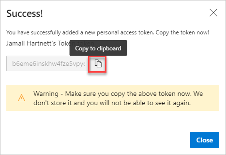 Captura de tela mostrando como copiar o token para a área de transferência.