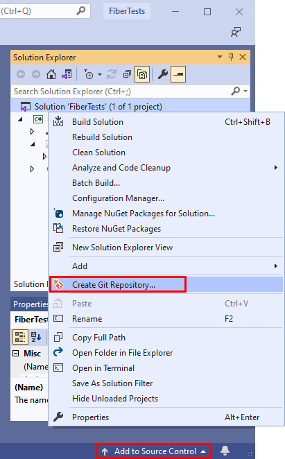 Captura de tela da opção ‘Criar Repositório do Git’ no menu de atalho do Gerenciador de Soluções no Visual Studio 2019.