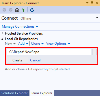 Captura de tela do caminho novo repositório e botão Criar na seção 'Repositórios Git Locais' do modo de exibição 'Conectar' do 'Team Explorer' no Visual Studio 2019.