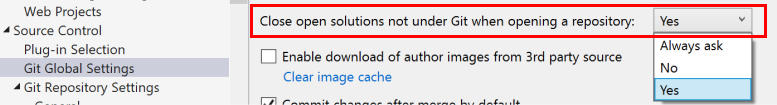 Captura de tela mostrando a opção Fechar soluções abertas que não estão em Git ao abrir um repositório na caixa de diálogo Opções no Visual Studio.