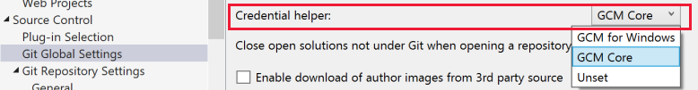 Captura de tela da configuração do auxiliar de credencial na caixa de diálogo Opções no Visual Studio.