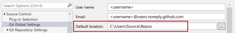 Captura de tela mostrando o campo de localização padrão no Visual Studio.