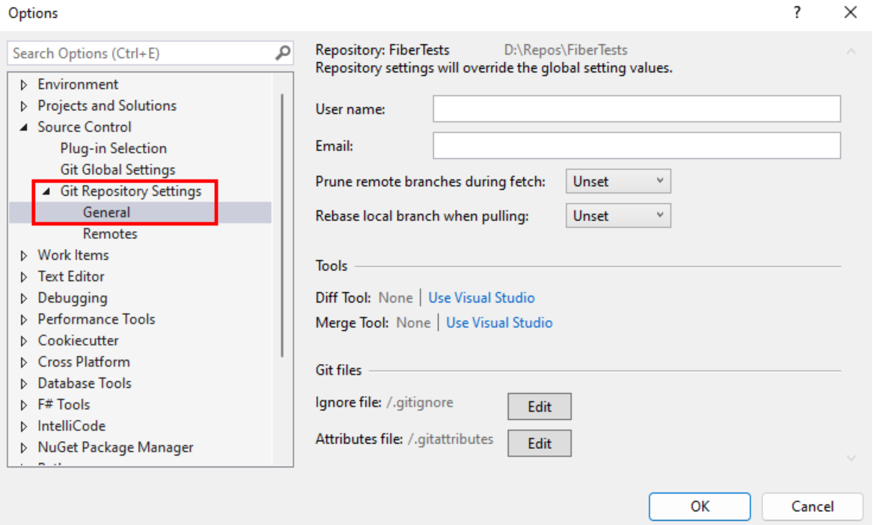 Captura de tela das Configurações do Repositório Git na caixa de diálogo Opções do Visual Studio.
