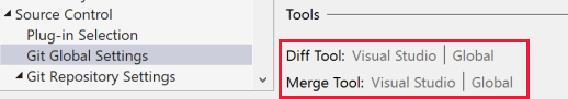 Captura de tela mostrando as configurações de ferramenta de diferenciação e mesclagem na caixa de diálogo Opções no Visual Studio.