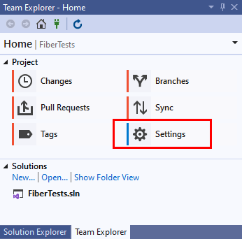 Captura de tela da opção Configurações na exibição Página Inicial do Team Explorer.